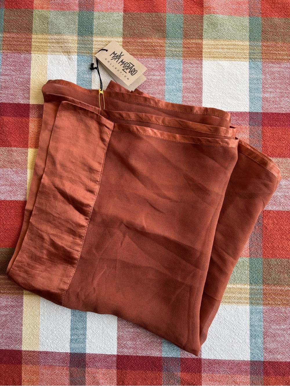 NWT Maya Matazaro Collection Silk Satin Border Chiffon Scarf Wrap Terracotta